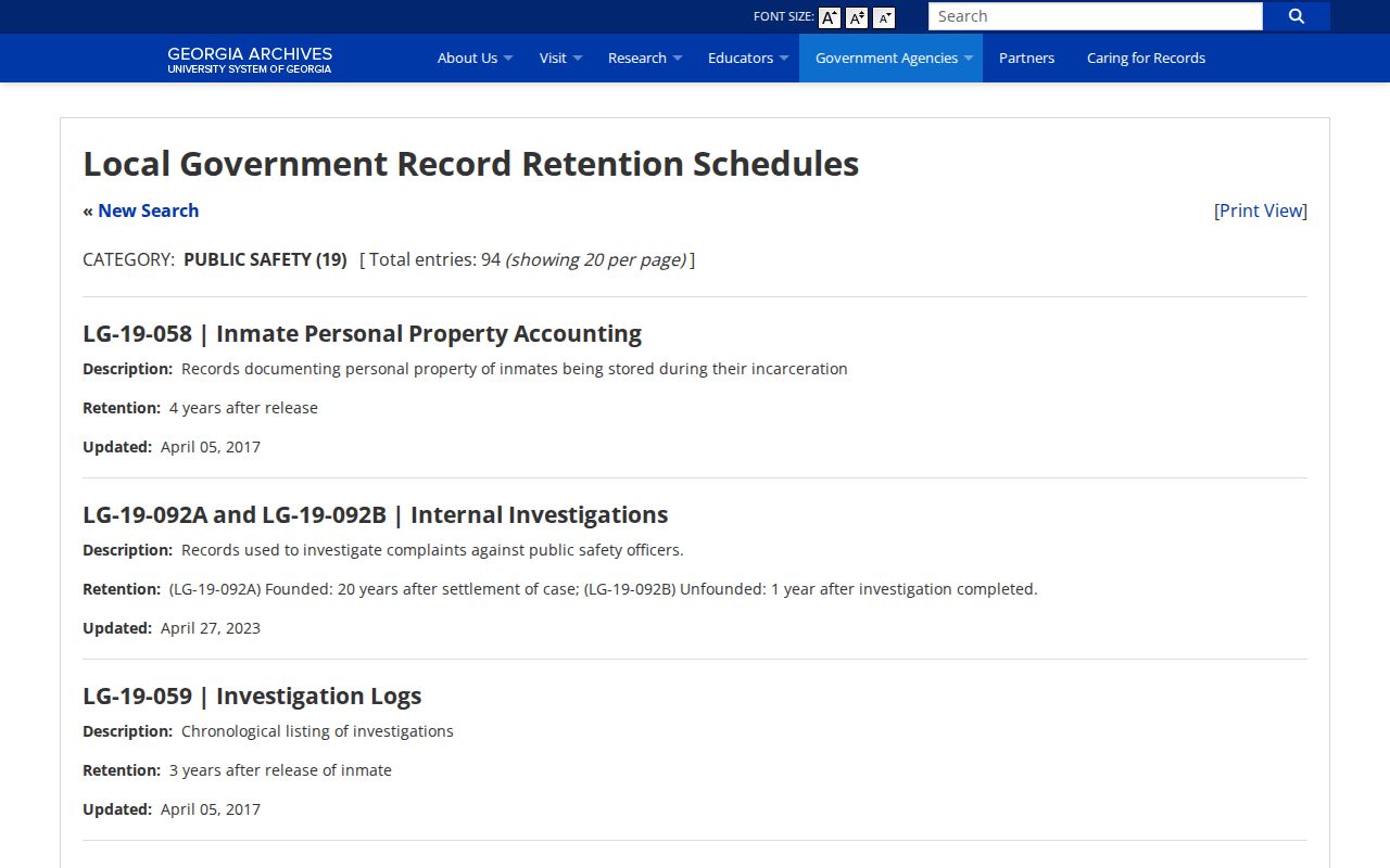 Georgia Archives public-safety retention schedule for Quitman County booking records